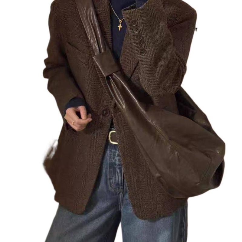 2025 Toamnă/Iarnă Jachetă de costum cu model herringbone Maillard, croială Slim, palton din lână în stil coreean