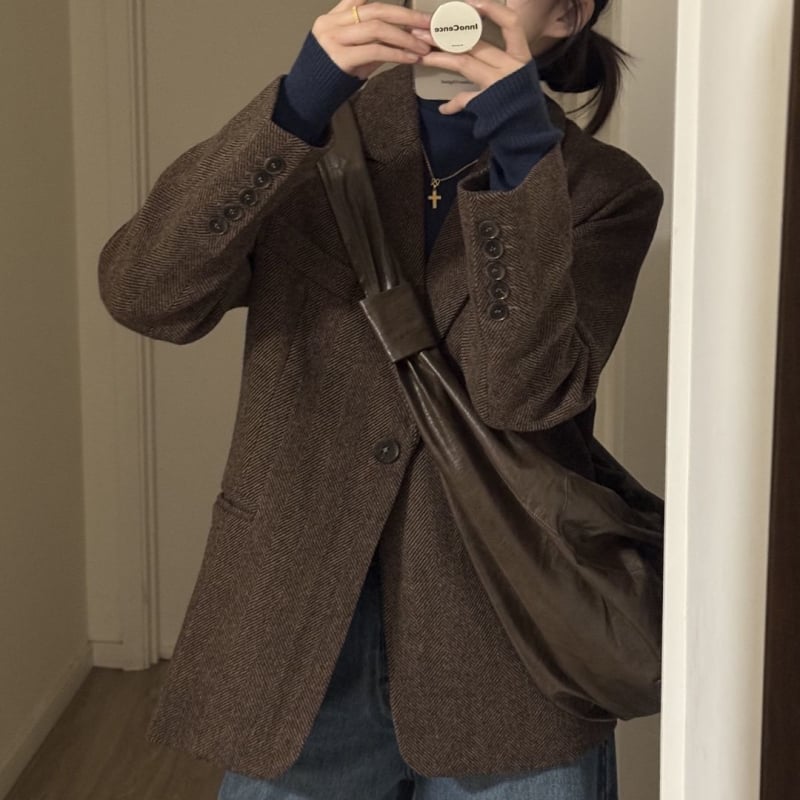 2025 Toamnă/Iarnă Jachetă de costum cu model herringbone Maillard, croială Slim, palton din lână în stil coreean