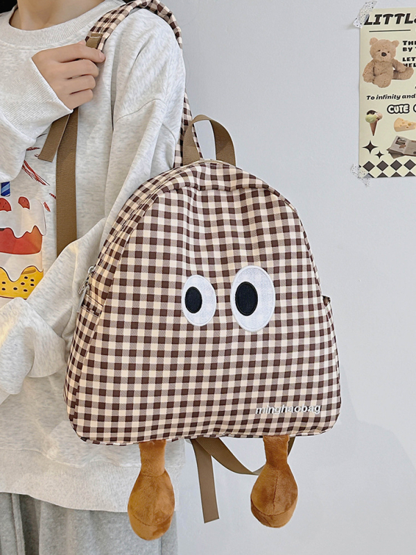 Mini školska ruksak za djevojčice u japanskom stilu s slatkim crtanim likom, retro karirani dizajn, vodootporan i izdržljiv, zatvaranje na zip, svakodnevna upotreba