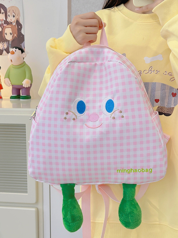 Mini školska ruksak za djevojčice u japanskom stilu s slatkim crtanim likom, retro karirani dizajn, vodootporan i izdržljiv, zatvaranje na zip, svakodnevna upotreba