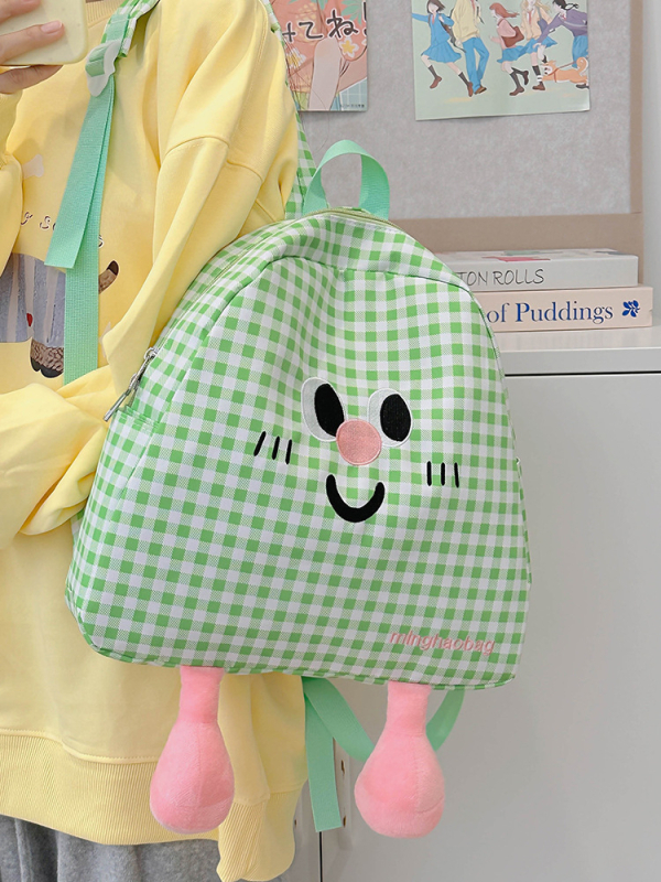 Mini školska ruksak za djevojčice u japanskom stilu s slatkim crtanim likom, retro karirani dizajn, vodootporan i izdržljiv, zatvaranje na zip, svakodnevna upotreba