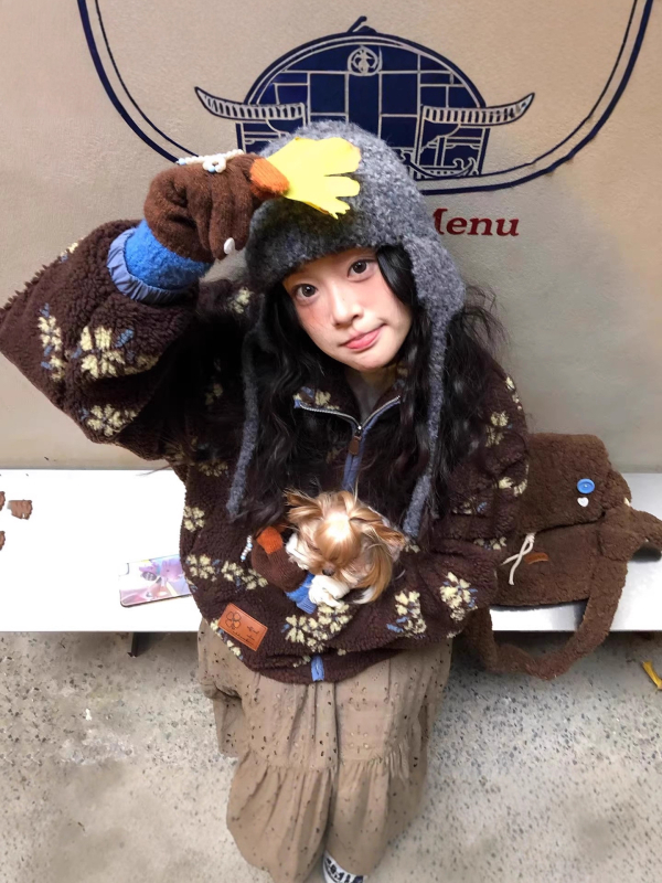 Ženska vintage jakna od ovčjeg lišaja (shearling) s cvjetnim uzorkom, deblja za jesen-zimu, širok casual kroj, korejski stil
