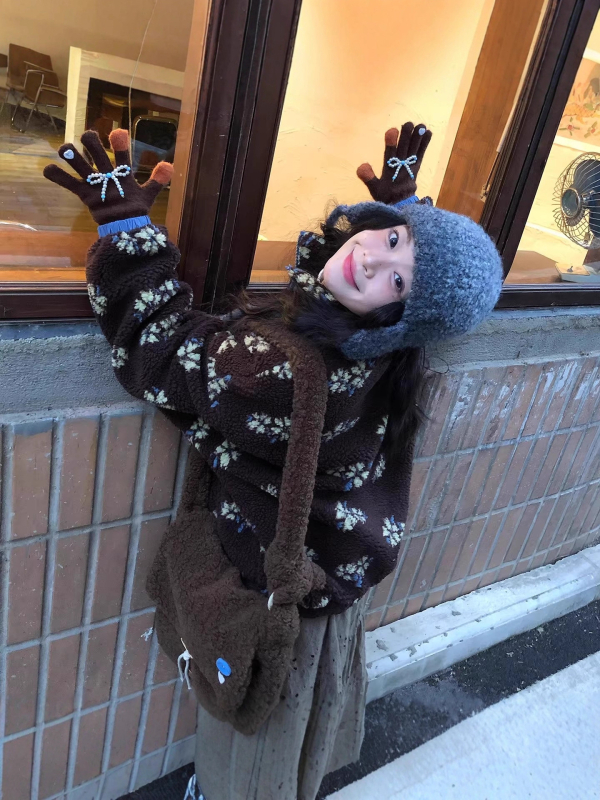 Ženska vintage jakna od ovčjeg lišaja (shearling) s cvjetnim uzorkom, deblja za jesen-zimu, širok casual kroj, korejski stil