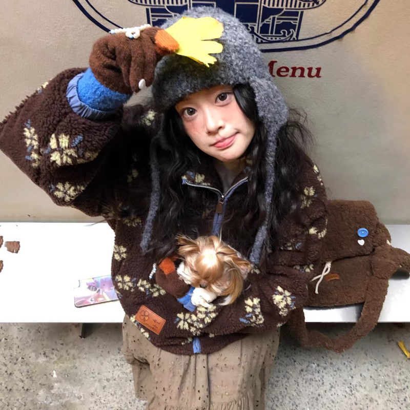 Ženska vintage jakna od ovčjeg lišaja (shearling) s cvjetnim uzorkom, deblja za jesen-zimu, širok casual kroj, korejski stil