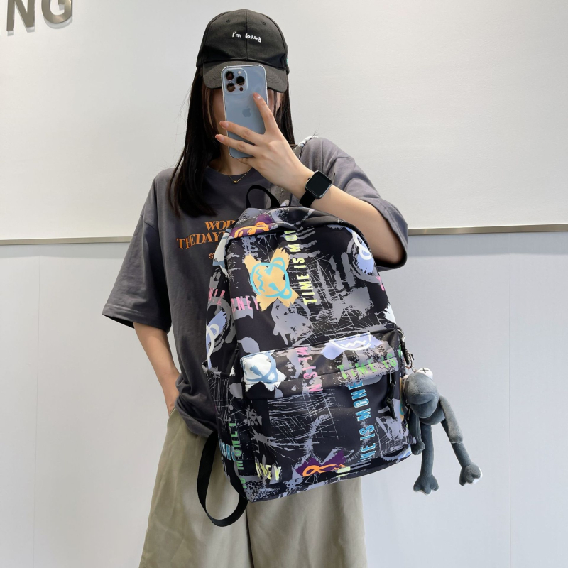 Unisex platneni ruksak Harajuku stila s graffiti otiskom, korejskog stila, 20–35 L, pogodan za 16-inčni laptop, prozračan, vodootporan, svakodnevna upotreba