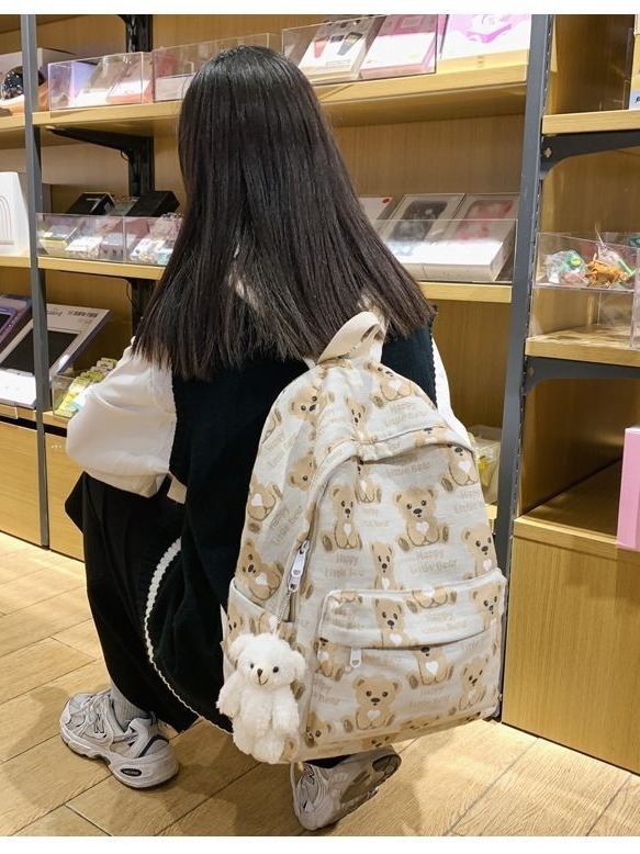 Korejski nadahnut torba za studente s malim medvjedom, platnena torba u stilu fakulteta, kapacitet 36–55 L, za 15-inčni prijenosnik