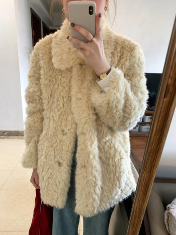 Ženski zimski kaput s umjetnom ovčjom vunom i krznom, korejski stil