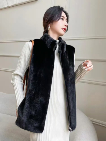 Ženska vesta od umjetnog mink krzna, jesen-zima, korejski stil, casual kroj, stojeći ovratnik, zatvarač, topla krznena vesta