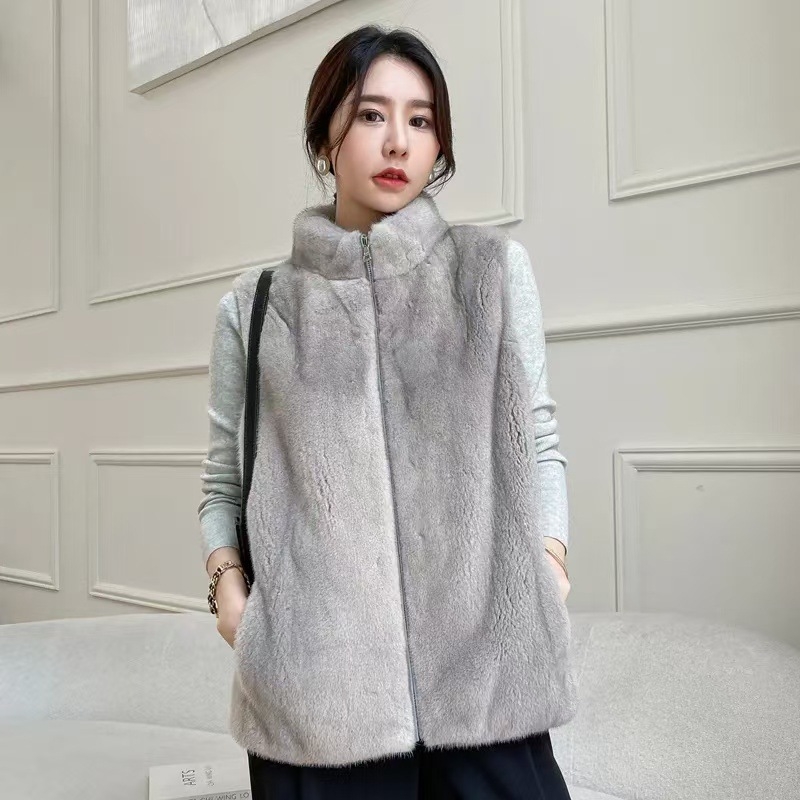 Ženska vesta od umjetnog mink krzna, jesen-zima, korejski stil, casual kroj, stojeći ovratnik, zatvarač, topla krznena vesta