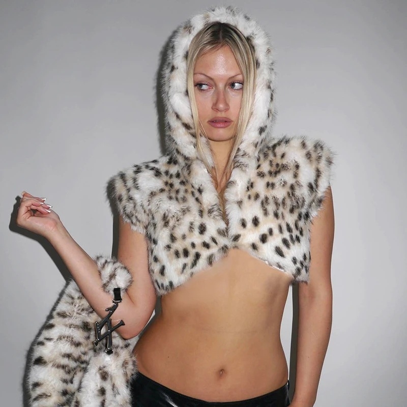 Jakna od umjetne krznene sa leopardim uzorkom, ultra kratka dužina, za Halloween cosplay, inspirirana likom iz animea