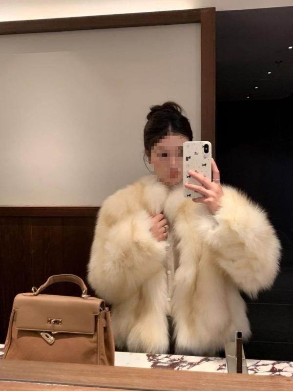 Seoul Daughter Kaput od umjetne lisice, kremasti razmazani efekt, chenille tkanina, ženski zimski kaput, kratka duljina