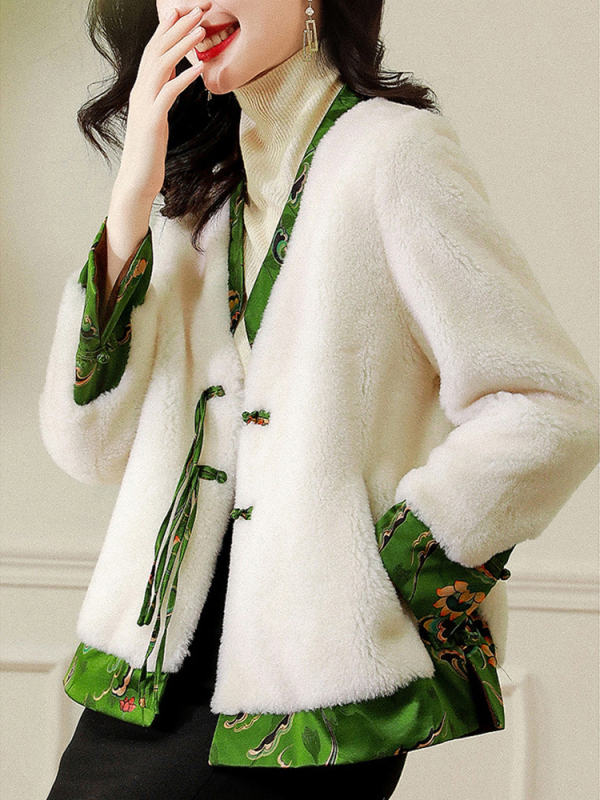 Ženski kaput od 100% vune sa shearling kožom, etnički stil, V-izrez