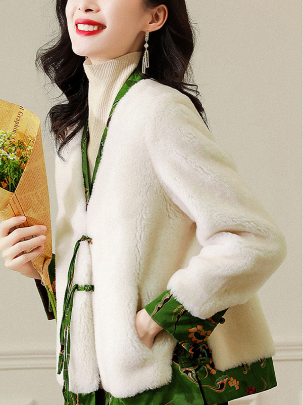 Ženski kaput od 100% vune sa shearling kožom, etnički stil, V-izrez