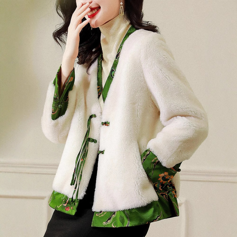 Ženski kaput od 100% vune sa shearling kožom, etnički stil, V-izrez