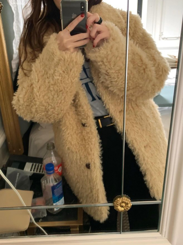 Ženski kaput u korejskom stilu s reverom od umjetnog krzna, srednja duljina, zimski kaput