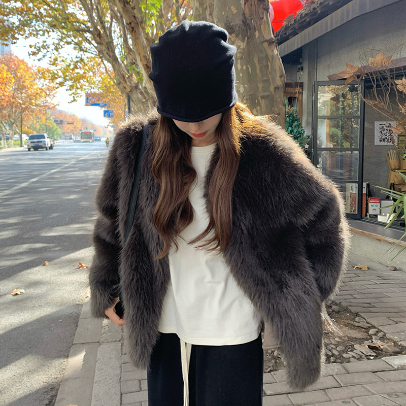 Ženski kaput od ekološke umjetne krznene dlake u sivo-smeđim nijansama, korejskog stila, kratka silueta, okrugli vrat