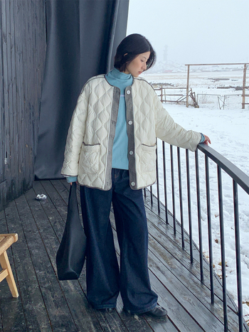 MOXI ženska zimska lagana pernata jakna s dijamantnim šavom, bijela, bez kapulje, slobodan kroj, srednja duljina, okrugli ovratnik, japansko-korejski casual stil