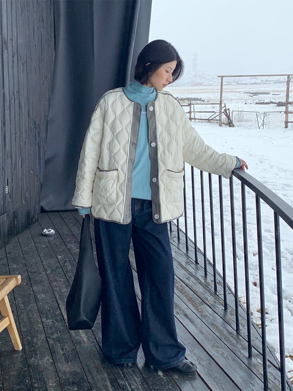 MOXI ženska zimska lagana pernata jakna s dijamantnim šavom, bijela, bez kapulje, slobodan kroj, srednja duljina, okrugli ovratnik, japansko-korejski casual stil