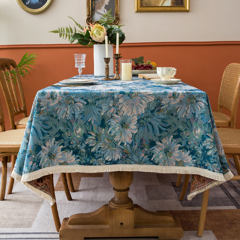 Pravokutni plavi jacquard s resicama, debeli stolnjak za kavu, mješavina poliestera i pamuka