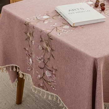 Stolnjak u Ins stilu, jacquard s prorezom i vezom s cvjetnim uzorkom, pamuk-lan smjesa, kvadratni stolnjak