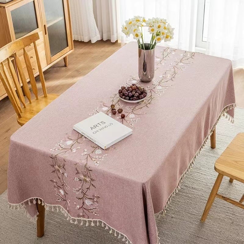 Stolnjak u Ins stilu, jacquard s prorezom i vezom s cvjetnim uzorkom, pamuk-lan smjesa, kvadratni stolnjak