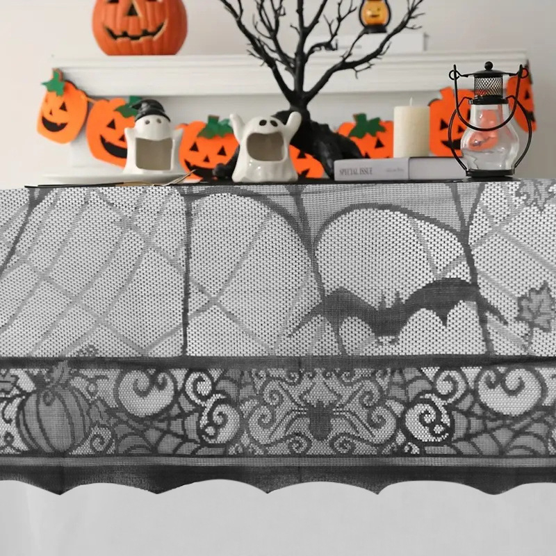 Halloween stolnjak s motivom paukove mreže, tikva i duha, 100% poliester čipka, pravokutni oblik, jednofarban.