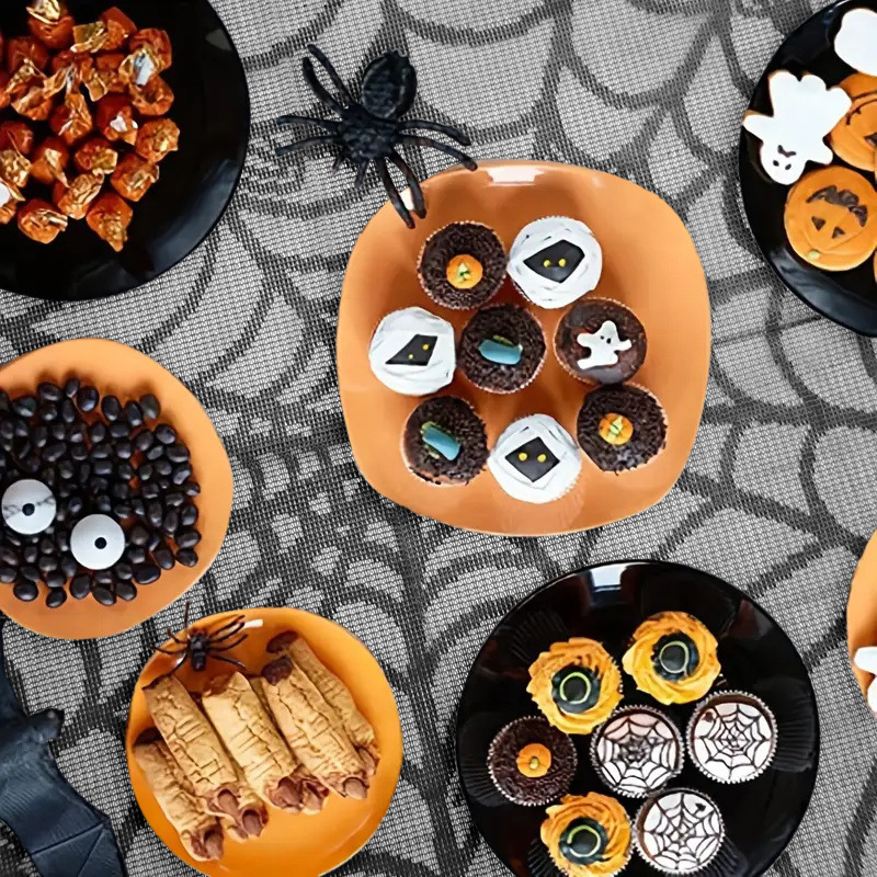 Halloween stolnjak s motivom paukove mreže, tikva i duha, 100% poliester čipka, pravokutni oblik, jednofarban.
