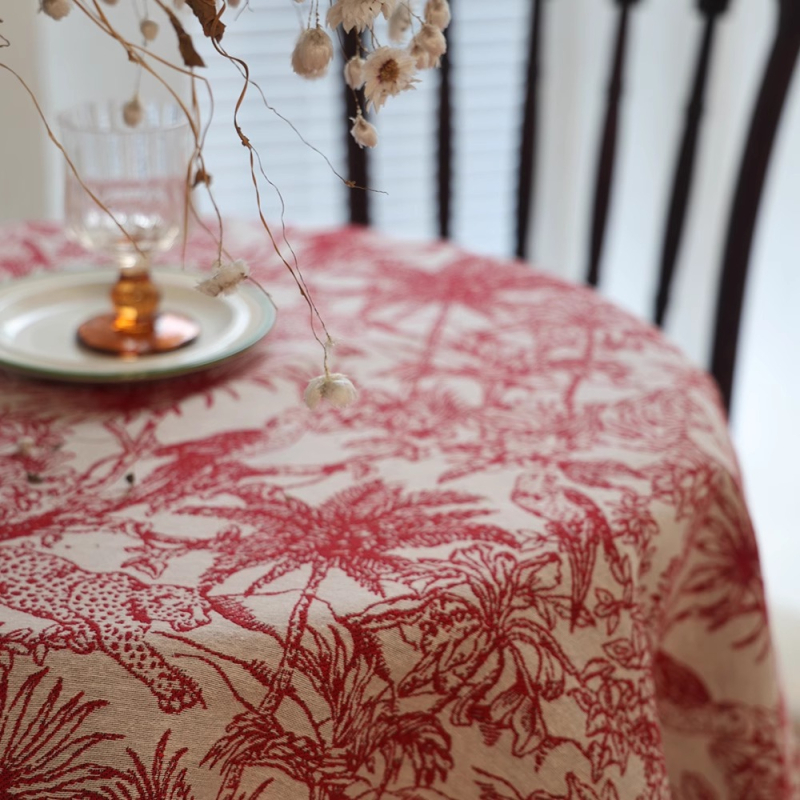 Stolnjak u Francuskom stilu s crvenom džungle temom za Novu godinu, vintage trodimenzionalni jacquard uzorak, pogodan za pravokutne blagovaonske stolove i stolove za kavu.
