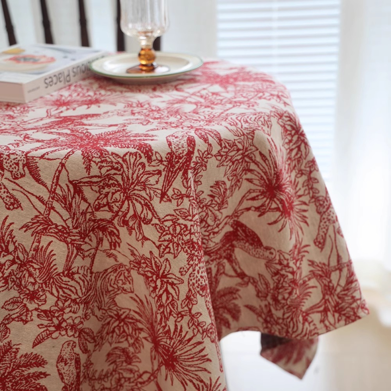 Stolnjak u Francuskom stilu s crvenom džungle temom za Novu godinu, vintage trodimenzionalni jacquard uzorak, pogodan za pravokutne blagovaonske stolove i stolove za kavu.