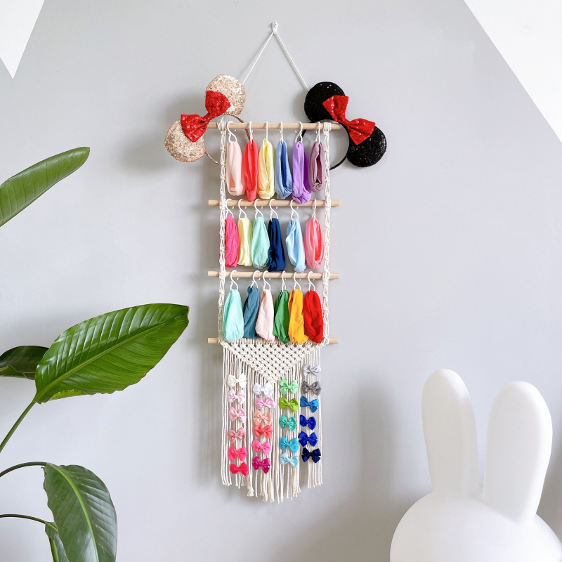 Boho DIY pleteni držač za kosu i kopče — tapiserija od pamuka sa resicama za zidno kačenje