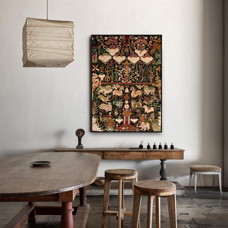 Thangka retro viseća slika u francuskom stilu sredine prošlog stoljeća, zidna umjetnost za dnevni boravak i hodnik, wabi-sabi mural