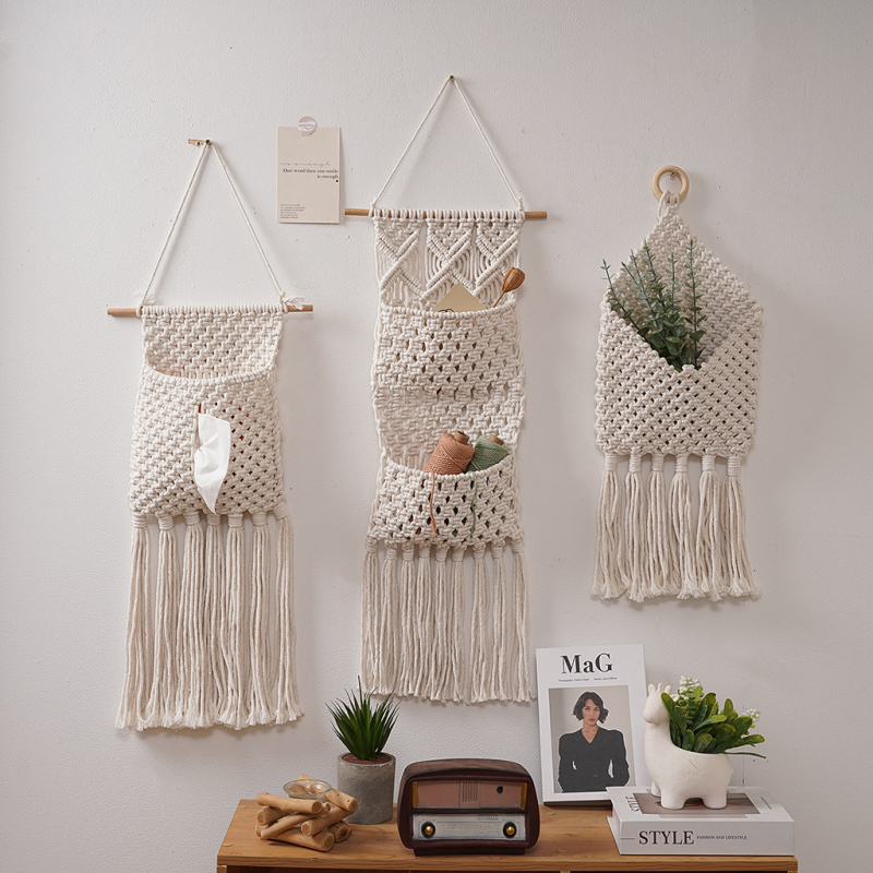 Ručni tkan goblen s mrežastim džepom za knjige i časopise, zidna dekoracija za dnevni boravak i spavaću sobu, skandinavski boho stil