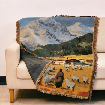Nordikus Alpok tájkép gobelin – dekoratív kanapéra és kempingezéshez, DIY szobai gobelin