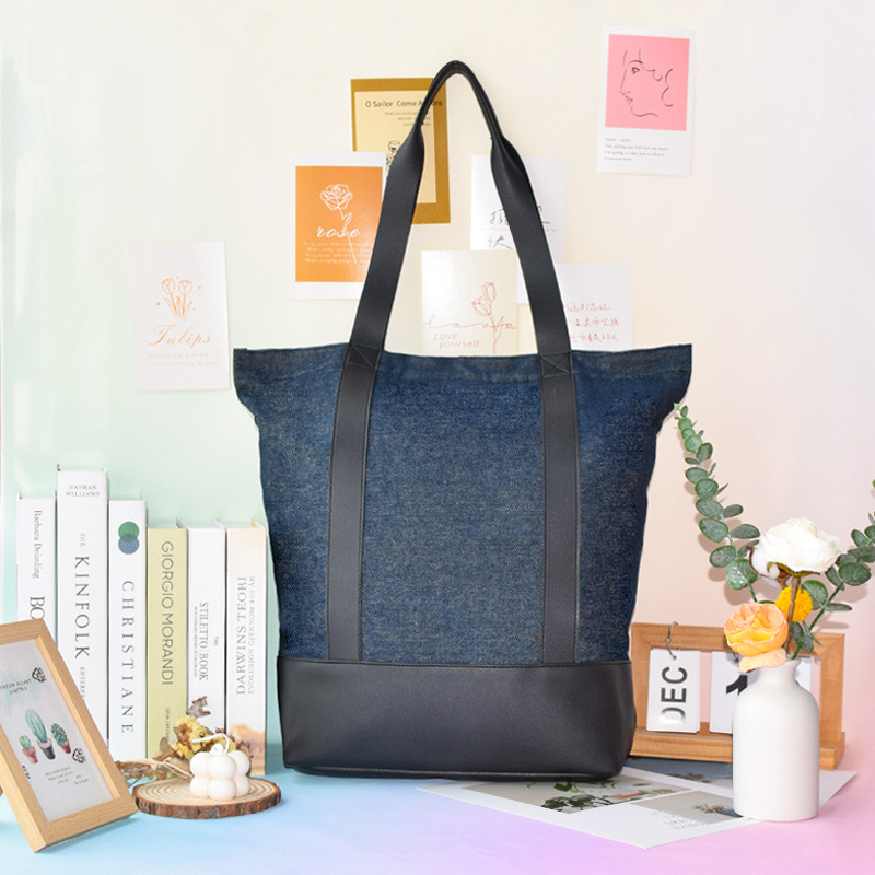 SL Denim torba preko ramena od platna s kožnim detaljima – srednje veličine, ulični stil