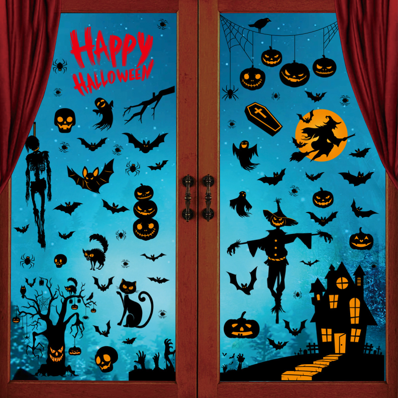 Halloween naljepnica za prozorsko staklo: kuća duhova, vještica i pauk