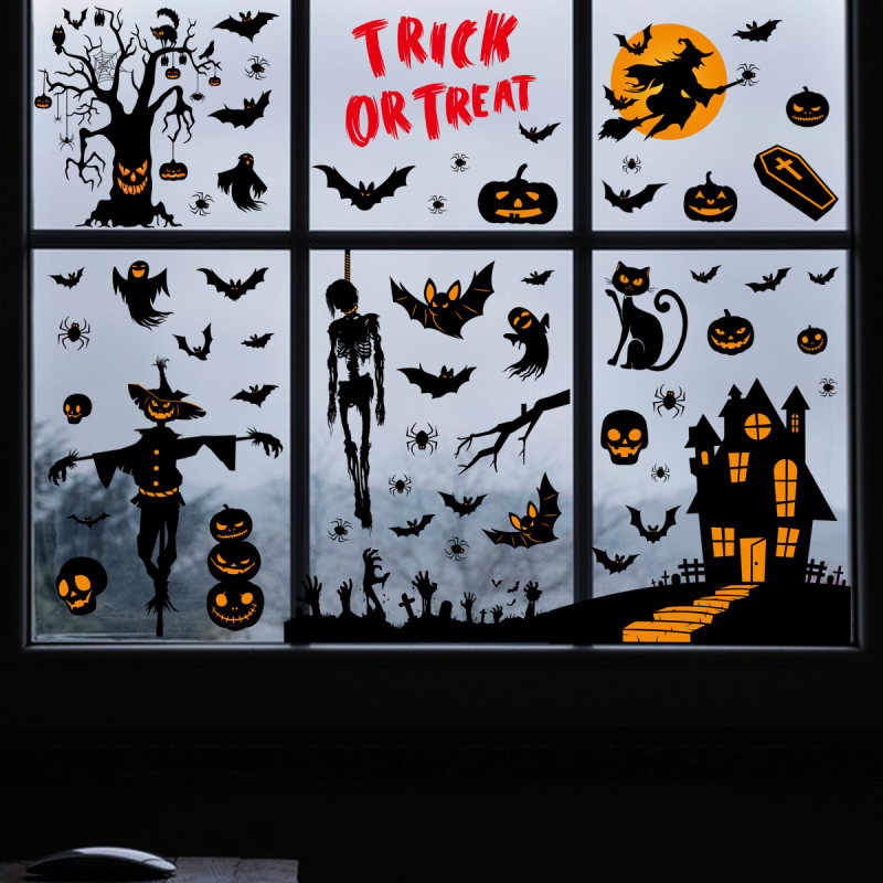 Halloween naljepnica za prozorsko staklo: kuća duhova, vještica i pauk