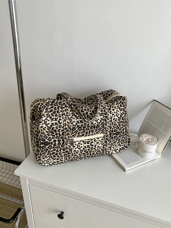 Canvas tote torba s leopardim uzorkom, srednja veličina, ulični stil, zatvarač, poliester podstava, unutarnja džep za telefon, dvostruke ručke