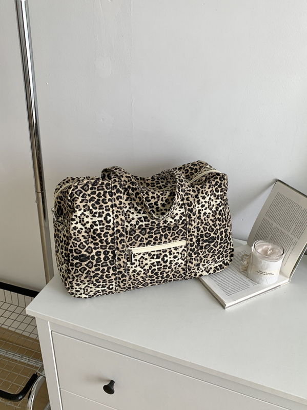 Canvas tote torba s leopardim uzorkom, srednja veličina, ulični stil, zatvarač, poliester podstava, unutarnja džep za telefon, dvostruke ručke