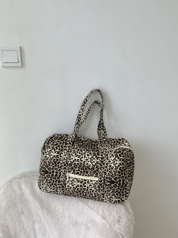 Canvas tote torba s leopardim uzorkom, srednja veličina, ulični stil, zatvarač, poliester podstava, unutarnja džep za telefon, dvostruke ručke