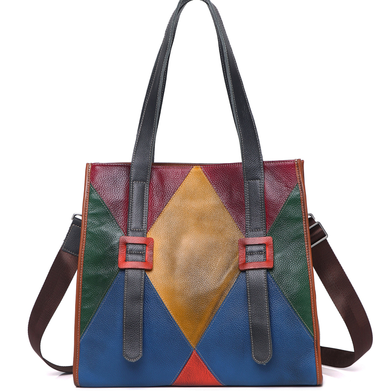 Ženska Tote torba od vrhunske teleće kože, retro blok boja, velika zapremina, nošenje preko ramena ili crossbody, ručna izrada
