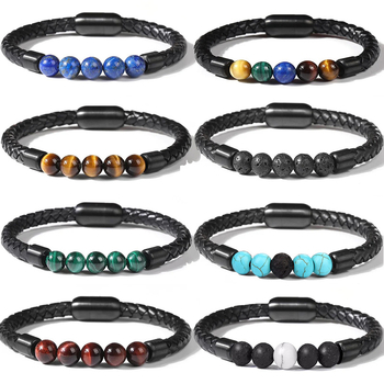 Brățară cu mărgele de 8 mm din piatră ochi de tigru, imitativă, cu închidere magnetică din oțel inoxidabil și șnur din piele