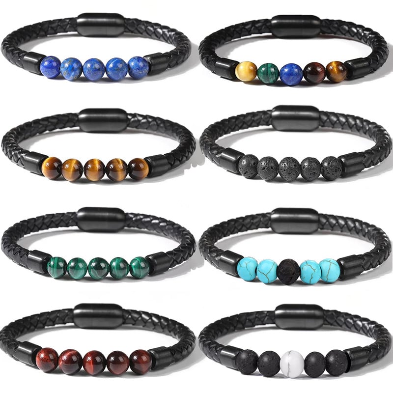Brățară cu mărgele de 8 mm din piatră ochi de tigru, imitativă, cu închidere magnetică din oțel inoxidabil și șnur din piele