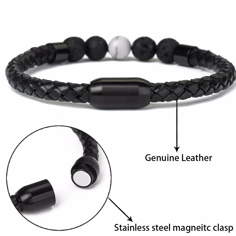 Brățară cu mărgele de 8 mm din piatră ochi de tigru, imitativă, cu închidere magnetică din oțel inoxidabil și șnur din piele