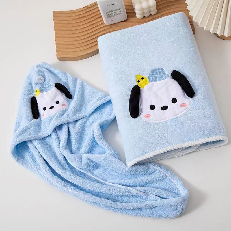 Pochacco dizajna set ručnika, kupaći suknja i tuš kapa, upijajući ručnik od coral fleksa za žene, može se omotati ili nositi, velika veličina
