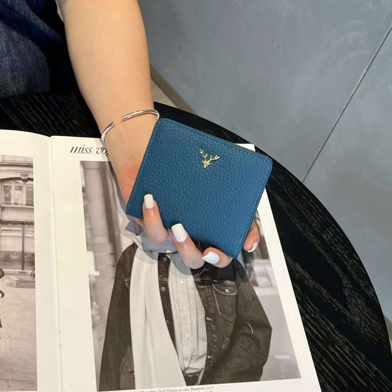 Γυναικείος δερμάτινος πορτοφόλι με κέρατο ελαφιού, κοντό μοντέλο, στυλ Ιαπωνίας-Κορέας, συμπαγές πορτοφόλι για κέρματα, ολόκληρο δέρμα βοδινού, διπλής όψεως
