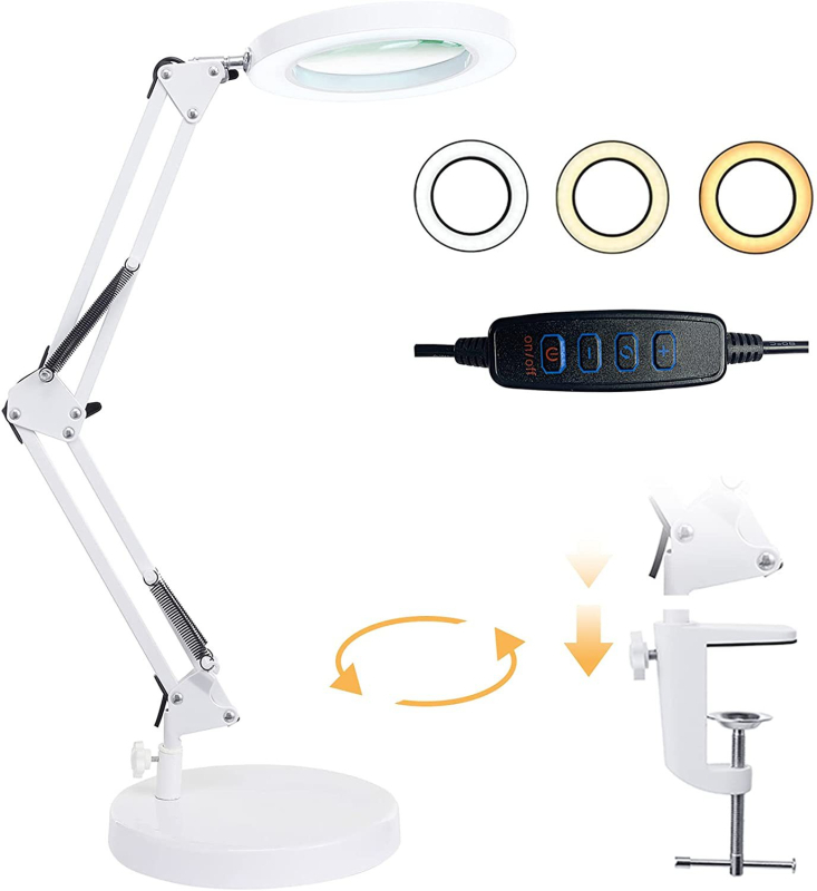 Metalna stolna LED lampa s povećalom za tetoviranje obrva, 64 LED dioda, promjer 155 mm, trobojno osvjetljenje za čitanje