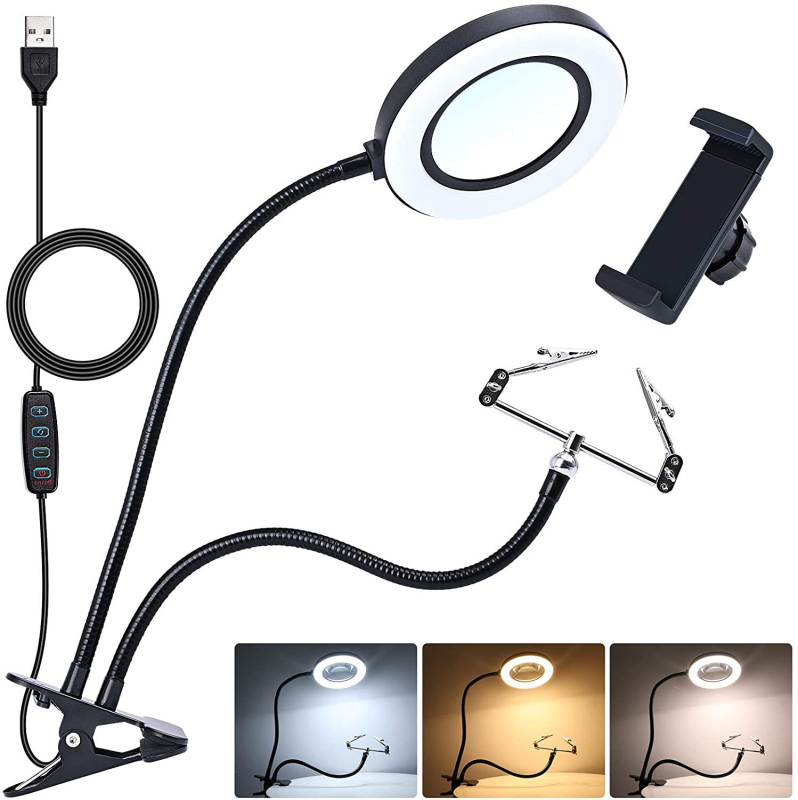Metalna stolna LED lampa s povećalom za tetoviranje obrva, 64 LED dioda, promjer 155 mm, trobojno osvjetljenje za čitanje