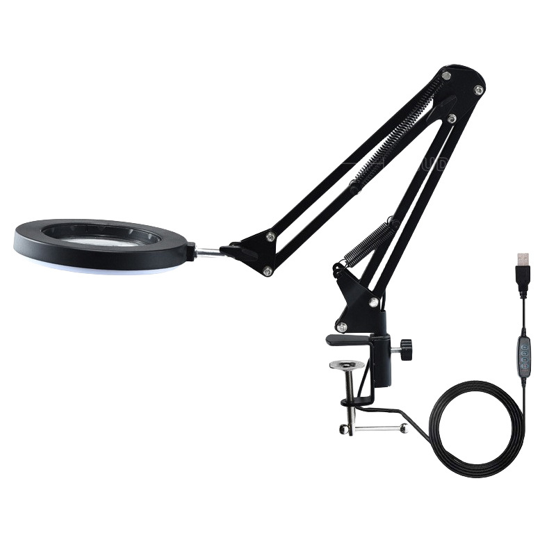 Metalna stolna LED lampa s povećalom za tetoviranje obrva, 64 LED dioda, promjer 155 mm, trobojno osvjetljenje za čitanje