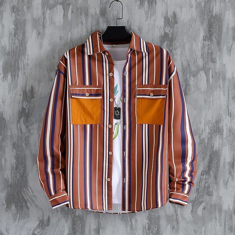 Мъжка риза с дълъг ръкав в стил Хонг Конг, райета, свободна кройка, за ежедневна употреба