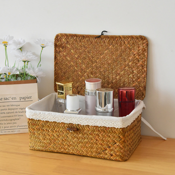 Košara za stolno skladištenje od morske trave, pletena, s poklopcem, pastoralnog stila, rottan koš od bambusa